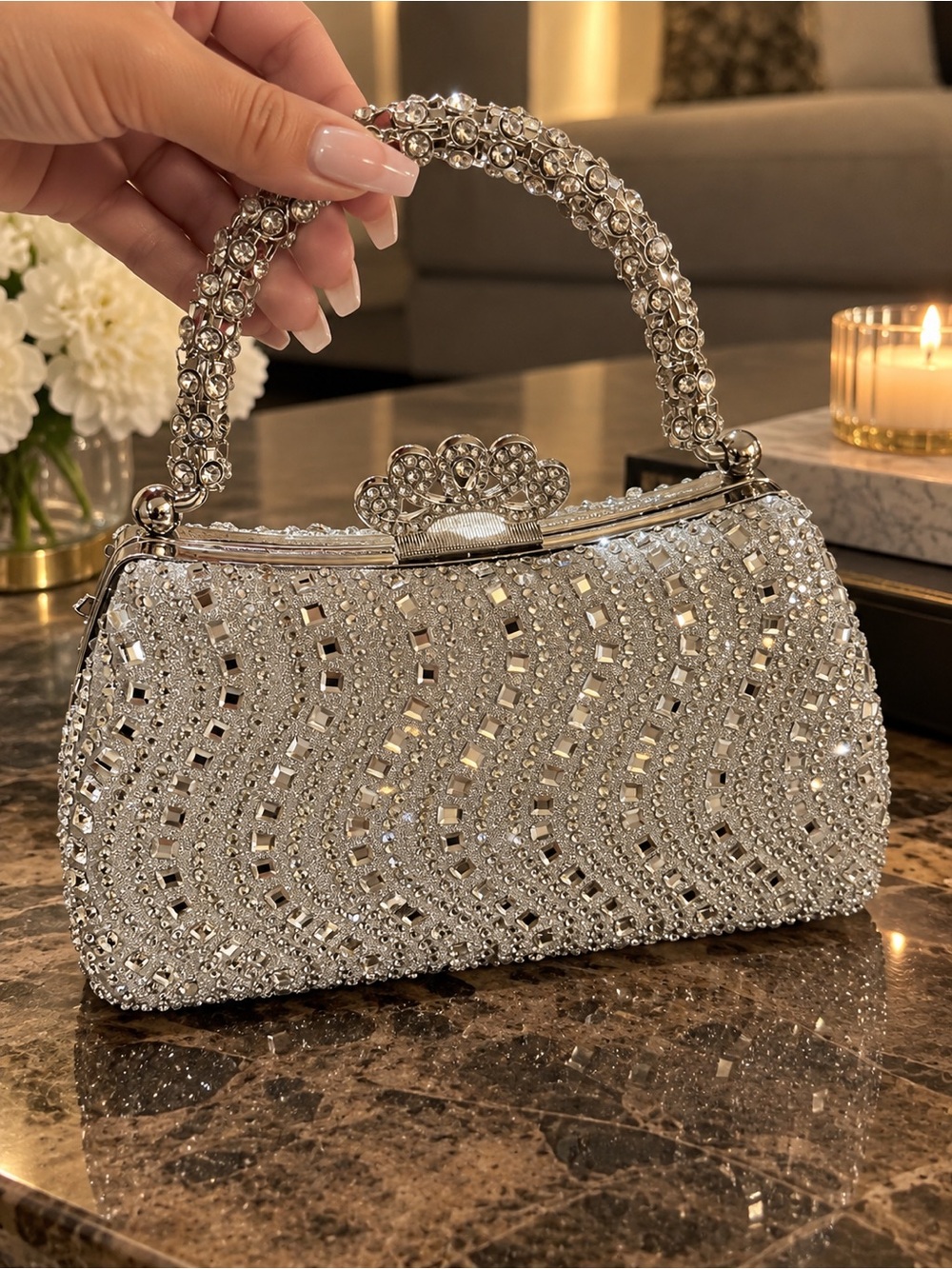 Elegant Crystal-Embellished Silver Evening Handbag
